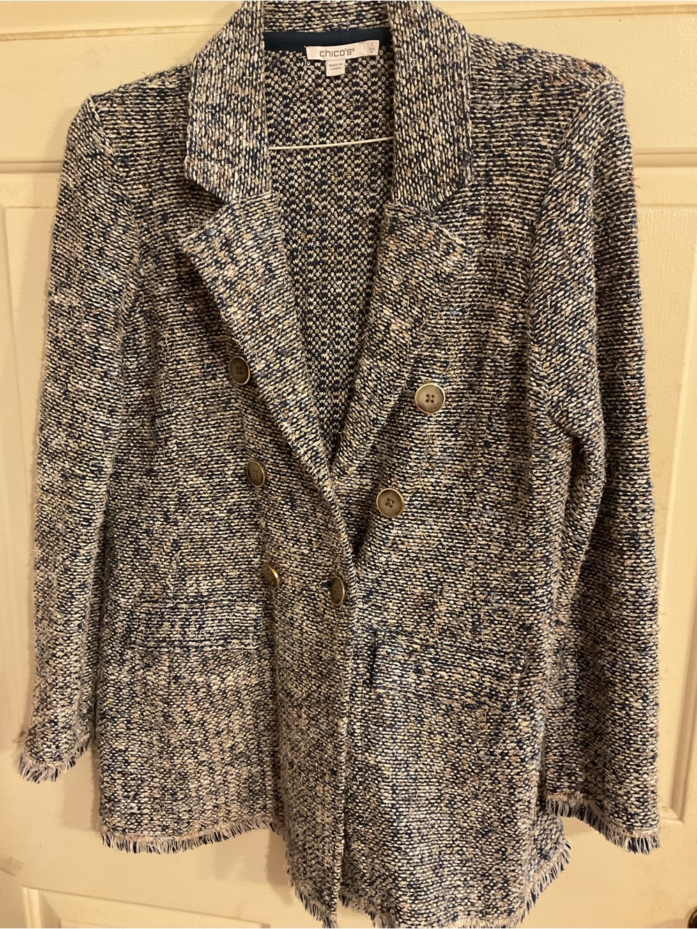 Chico's Tweed Blue-White Double-Breasted Knit Blazer Sz.1 Fringe Hem